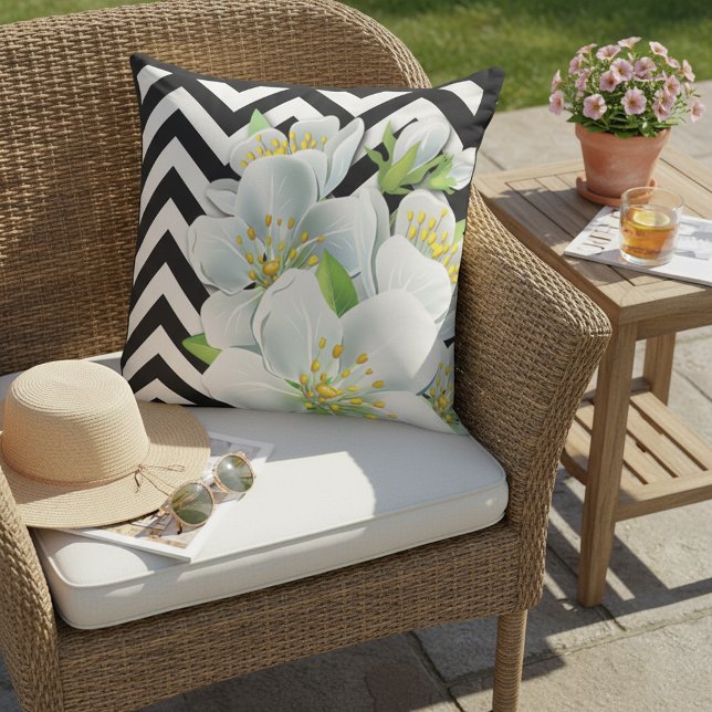 Almofada Flores bonito No Padrão De Zigzag Preto E Branco (Criador carregado)