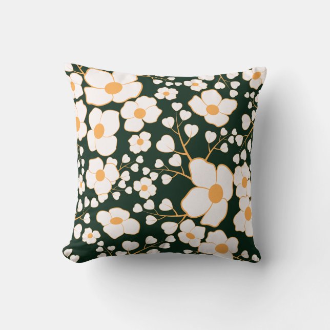 Almofada Flores Brancas Centralizadas Amarelas e Fundo Verd (Frente)