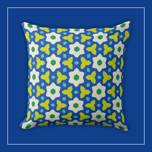 Almofada Flores Brancas em Floral Geométrico Azul e Verde