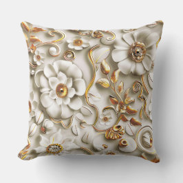Almofada Flores brancas embutidas e Folhas de Ouro metálica