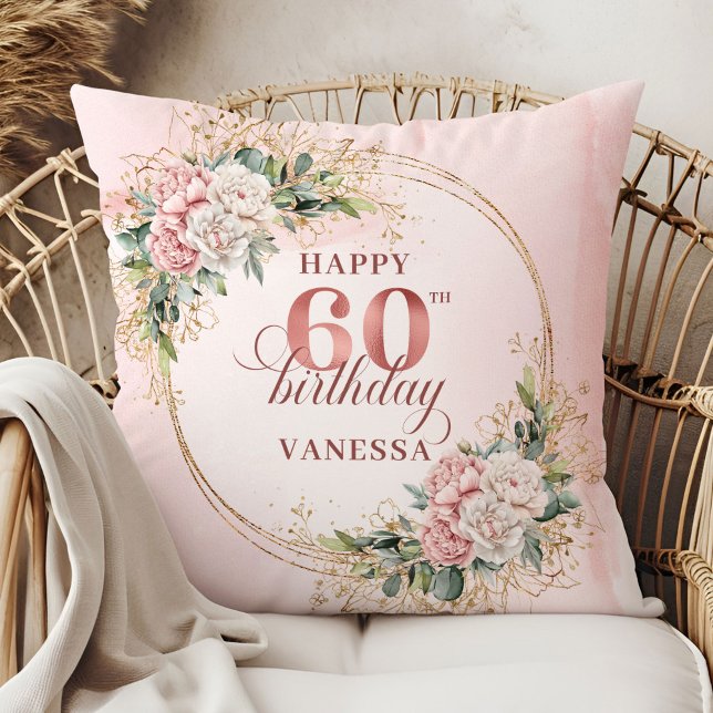Almofada Flores Clássicas em Aquarela Rosa Empoeirado 60 an (Classic Dusty Pink Watercolor Flowers 60th birthday pillow)