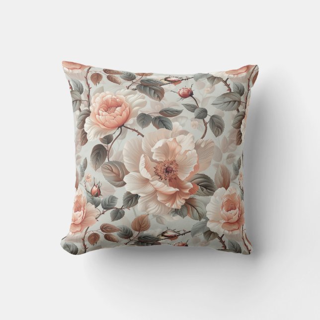 Almofada Flores-creme com folhas de cinza em cinza-clara (Frente)
