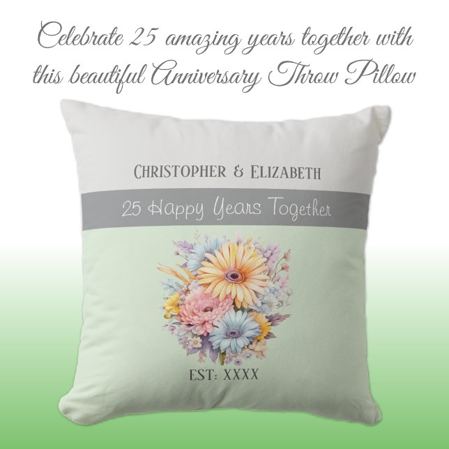 Almofada flores de aniversário de prata de 25 anos verde (Criador carregado)