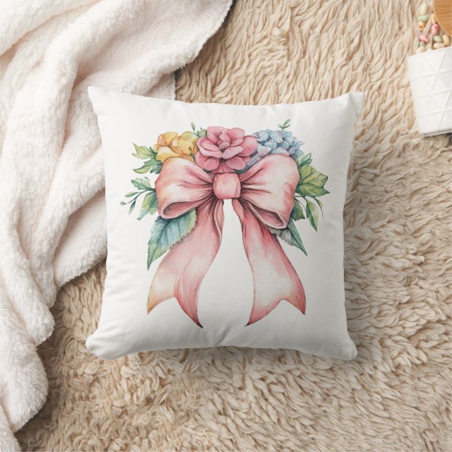 Almofada Flores de Aquarela com Laço Rosa Quarto de Bebê (Cobertor)
