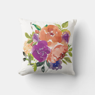 Almofada Flores de aquarela laranja e roxa