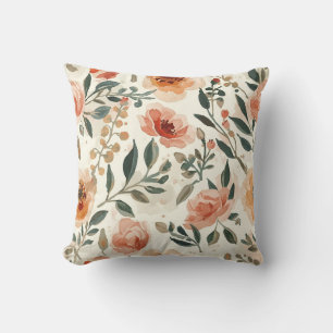 Almofada Flores de Aquarela Laranja Pintura Botânica