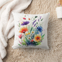 Almofada Flores de Aquarela Laranja Roxo Vermelho Azul