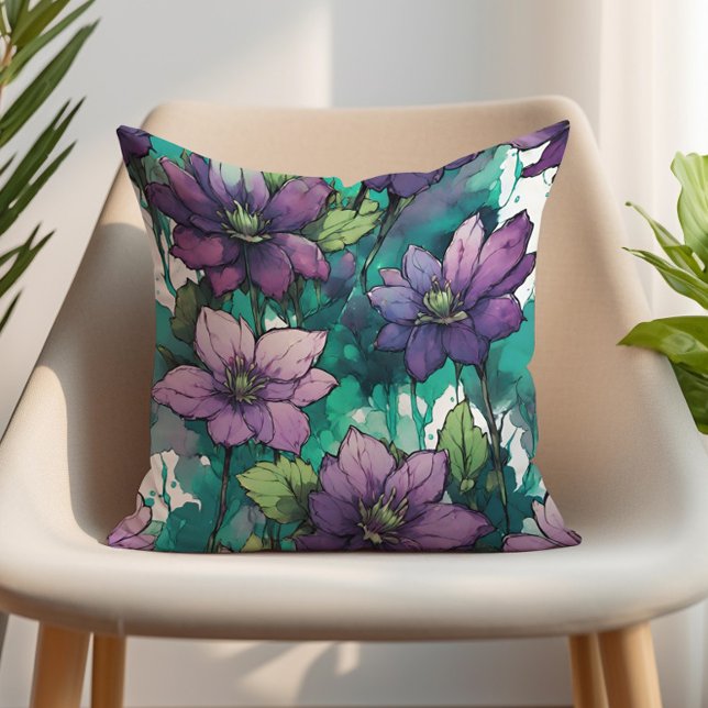 Almofada Flores de Aquarela Roxa Folhas Verde Esmeralda (Purple flowers on emerald green decorator pillow)