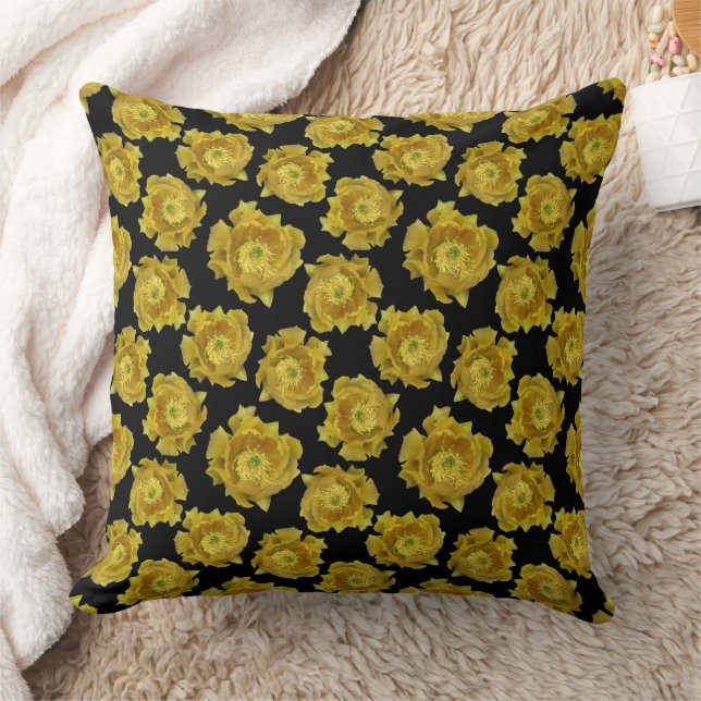 Almofada Flores de Cactus Amarelas Patter em Fundo Preto (Cobertor)