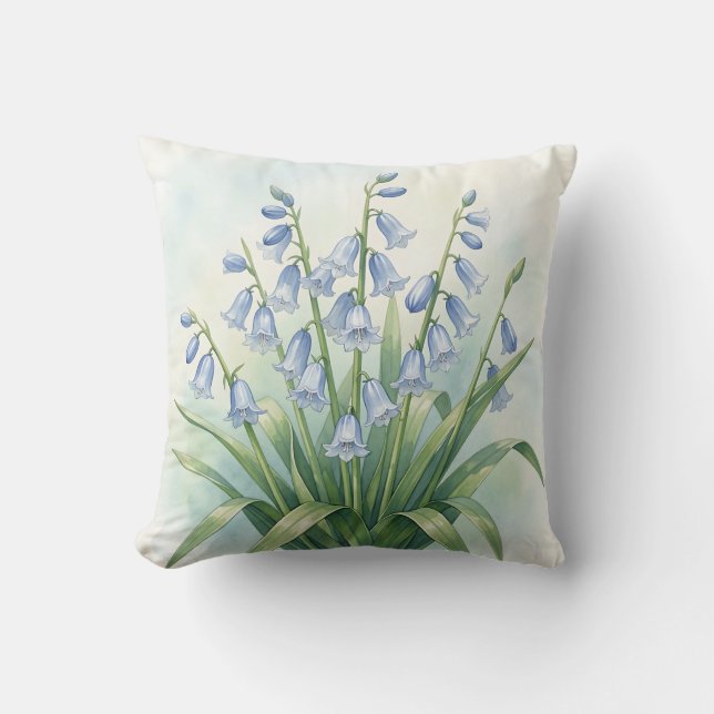 Almofada Flores de Campainha Azul Aquarela Botânica (Frente)