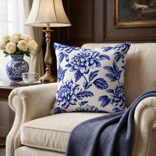 Almofada Flores de Dália Azul e Branca Toile de Jouy