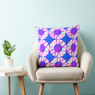 Almofada Flores De Fita Magenta Em Azul Rosquinha Branco