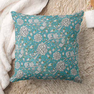 Almofada Flores De Folhagem De Prata Floral Azul Vintage
