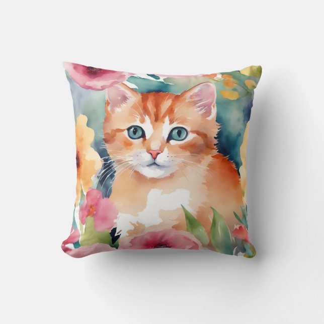 Almofada Flores De Gatinhos Laranja-Cachorros Aquarelas (Frente)