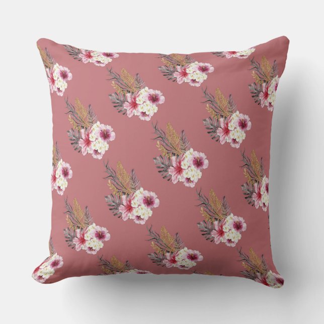 ALMOFADA FLÔRES DE HIBISCO TROPICAL ROSA E BRANCO (Frente)
