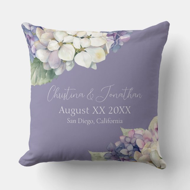 Almofada Flores de Hortênsias Roxas e Brancas sobre Lavanda (Frente)