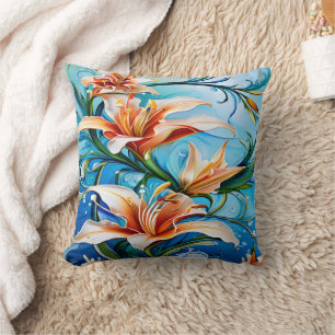Almofada Flores de Lily no Fundo Floral Azul