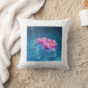 Almofada Flores de Lotus Rosa Flutuando em Água Azul Crista