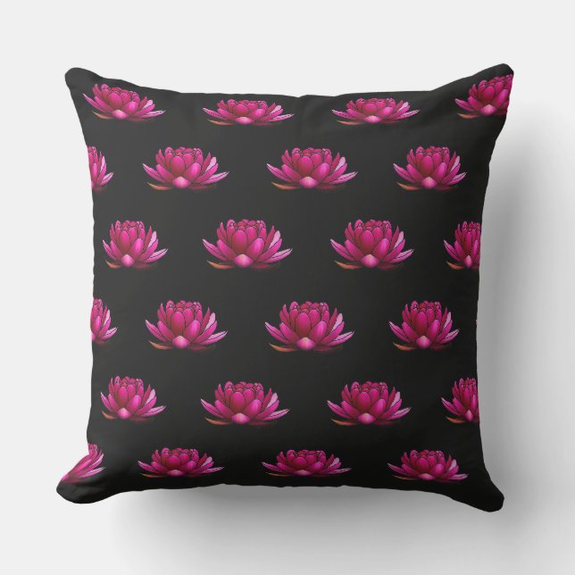 Almofada Flores de Lótus Rosa Profundo em Preto (Frente)