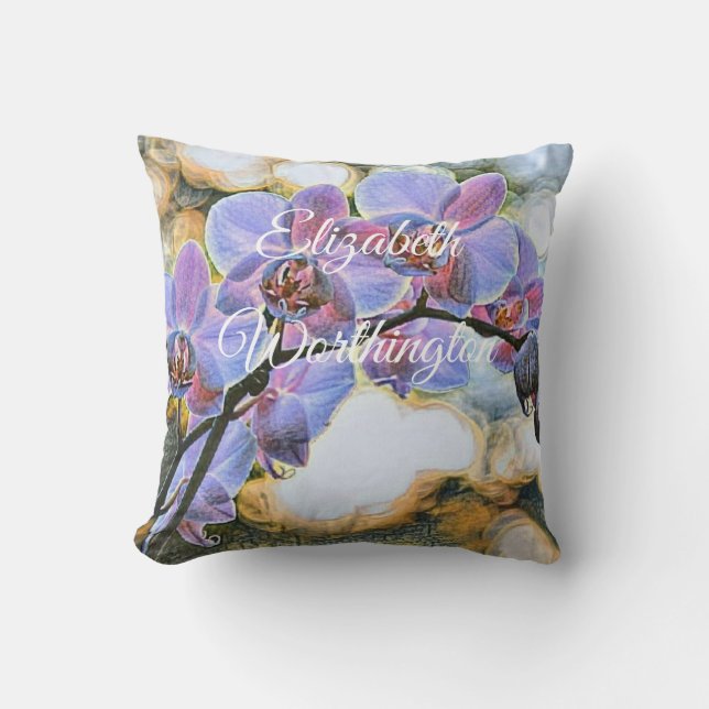 Almofada Flores de Orquídea Azul Roxo de Pintura Moderna (Frente)