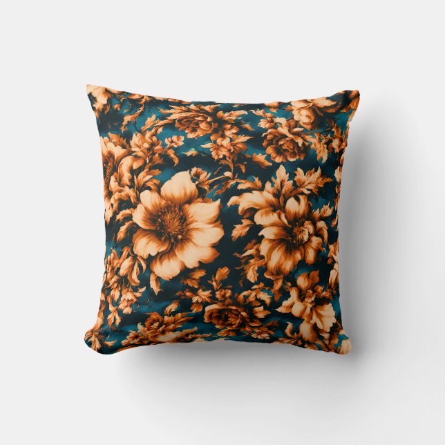 Almofada Flores de Ouro refinadas e luxuosas, folhas em azu (Frente)