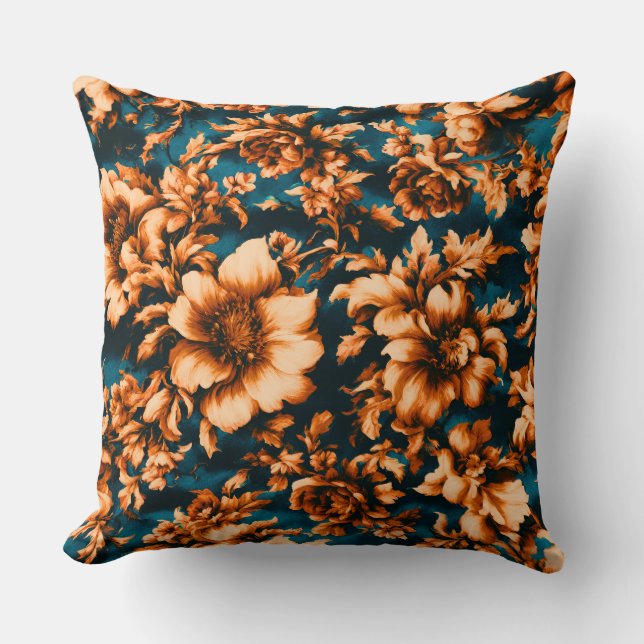Almofada Flores de Ouro refinadas e luxuosas, folhas em azu (Frente)