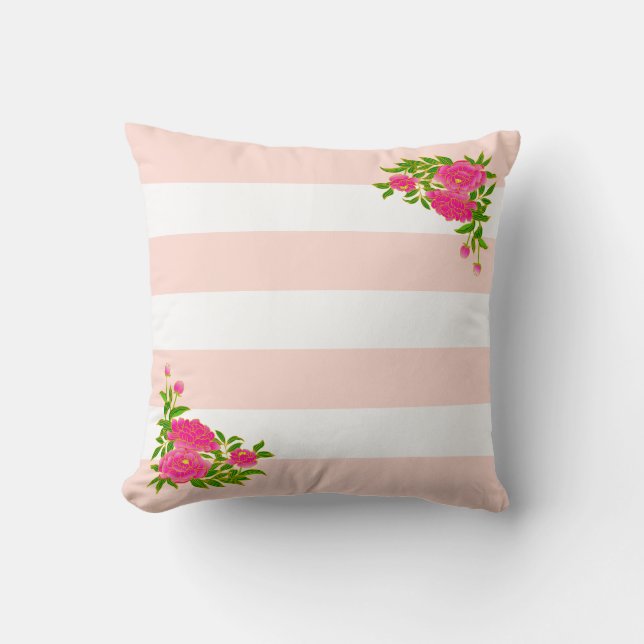 Almofada Flores de peônia em listras rosa claro e branco (Frente)