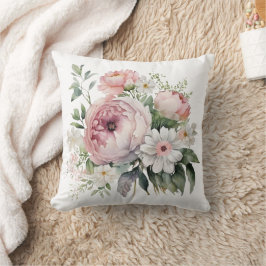 Almofada Flores de Peônias com Folhagens Florais Brancas Ro