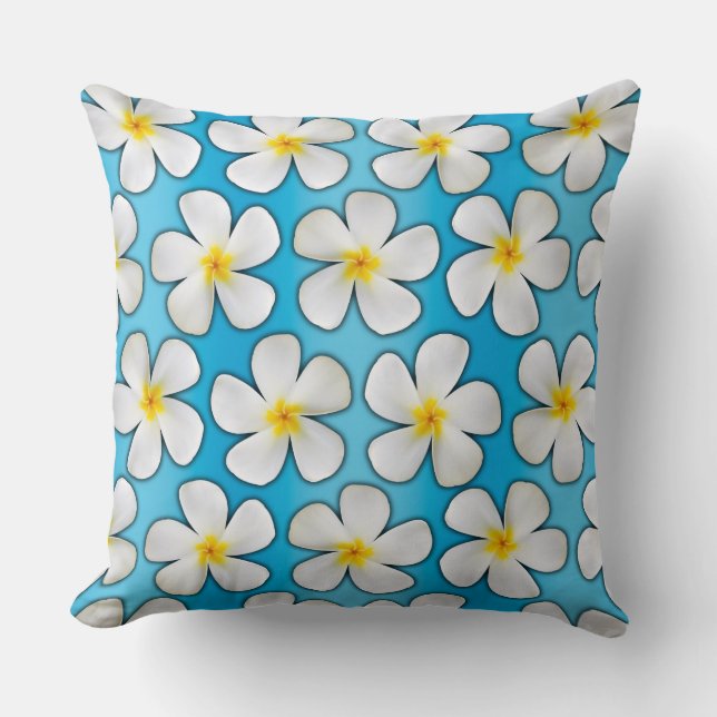 Almofada Flores de Plumeria Branca e Amarela em Azul (Frente)