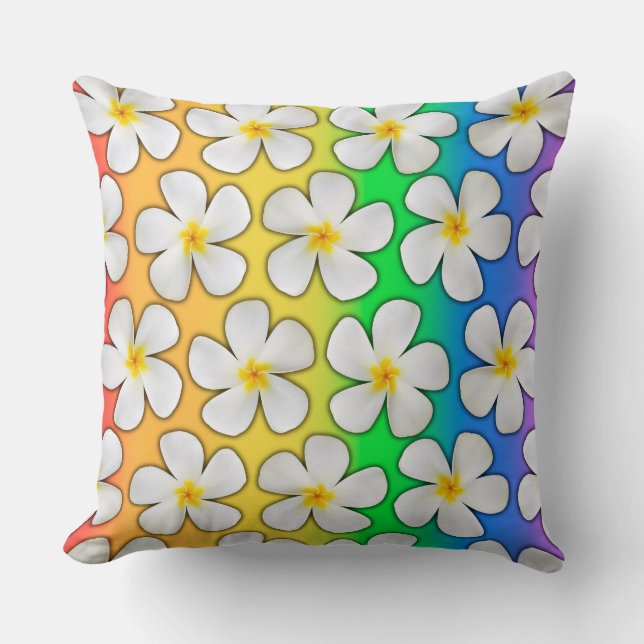 Almofada Flores de Plumeria Branca em Cores Arco-Íris (Frente)