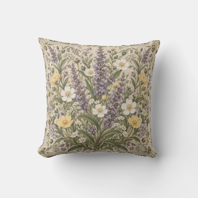 Almofada Flores de Prado de Lavanda Moldura Botânica (Frente)