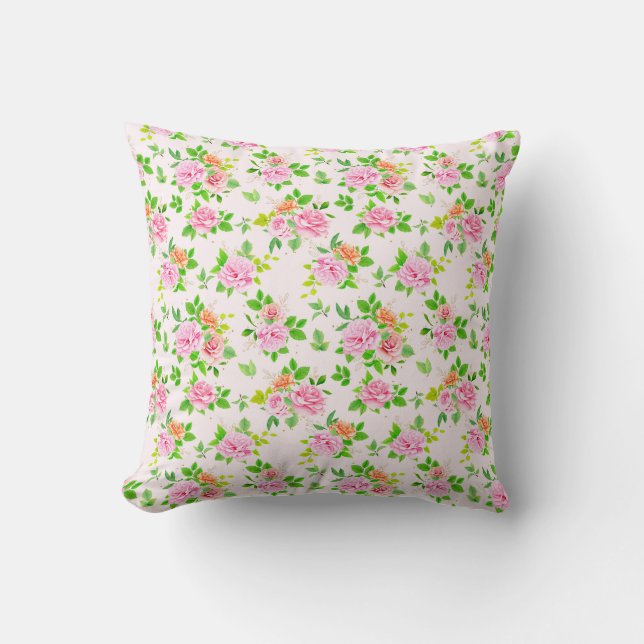 Almofada Flores de Rosa Floral com Padrão de Folhas Verdes (Frente)