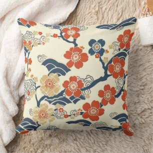 Almofada Flores de Ume Japonês em Creme com Onda Azul-Marin