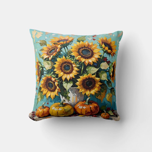 Almofada Flores do outono, Flores do Sol e Abóboras, (Frente)