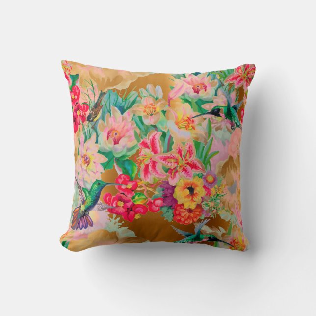 Almofada Flores Douradas de Casas Tropicais de Aves da Boêm (Frente)