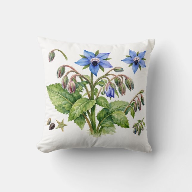 Almofada Flores e folhas de erva Borage aquarela (Frente)