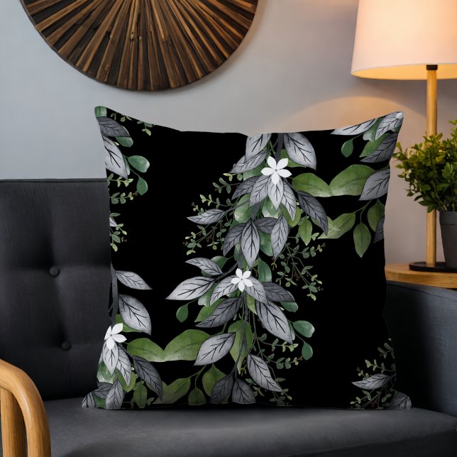 Almofada Flores e Folhas Penduradas Caprichosas Preto (Criador carregado)