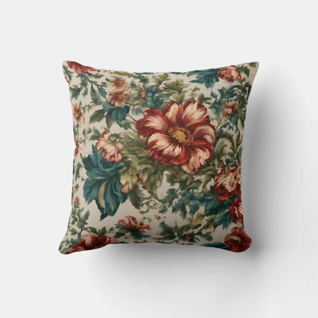 Almofada Flores e Folhas Vermelhas Opulentas Italianas (Verso)