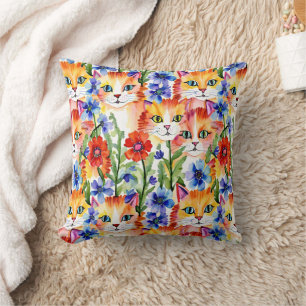 Almofada Flores e Gatos de Cores Aquáticas de Arte Folical