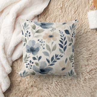 Almofada Flores Elegantes em Aquarela Azul Creme Floral