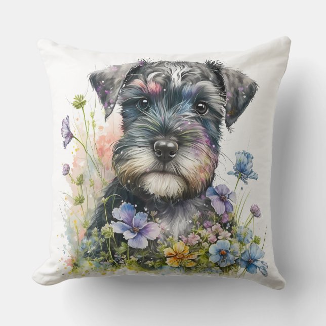 Almofada Flores em Aquarela e Cachorrinho Schnauzer (Frente)