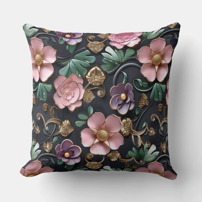 Almofada Flores em rosa e roxo definidas no backgroun preto (Frente)