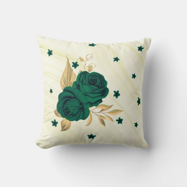 Almofada flores esmeralda verde folhas douradas mármore (Frente)