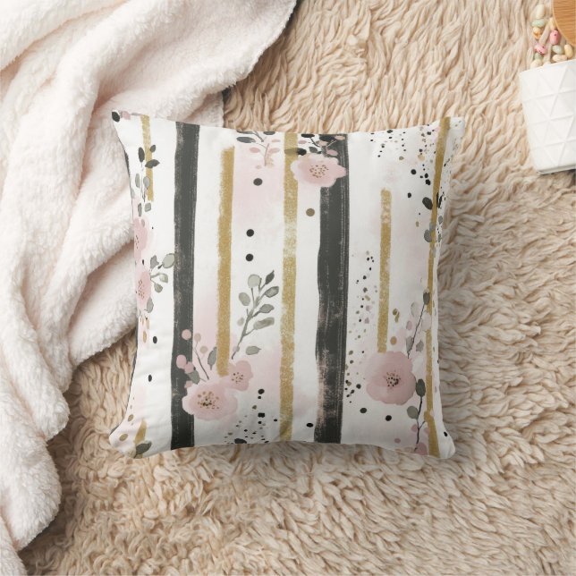 Almofada Flores Florais Boho Aquarela Listras Dourado Rosa  (Cobertor)