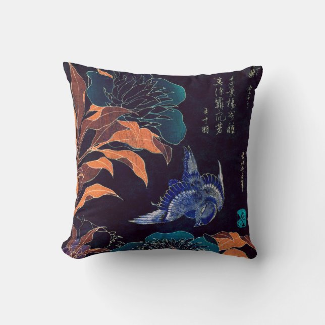 Almofada Flores Japonesas e Katsushika Hokusai Dark (Frente)