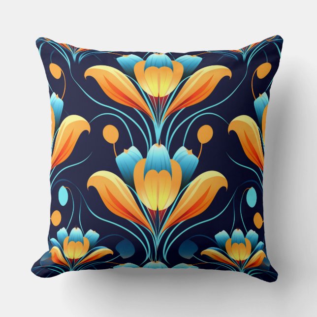 Almofada Flores laranja azul Art Deco (Frente)