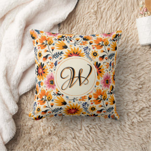 Almofada Flores Laranja-Cuta Folhas Mexicanas