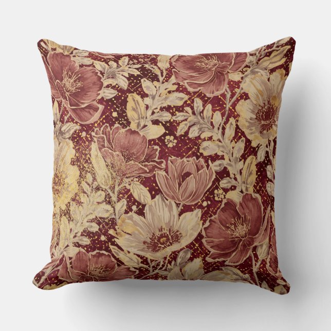 Almofada Flores Luxuosas, Dourado Marrom, Elegante Bonito (Frente)