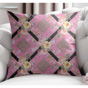 Almofada Flores Modernas Elegantes e Damasco Floral Rosa