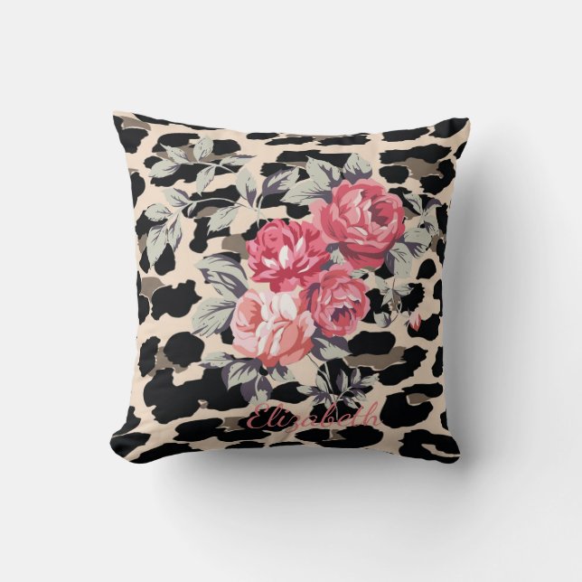 Almofada Flores Modernas Fofas em Estampa de Leopardo - Per (Frente)